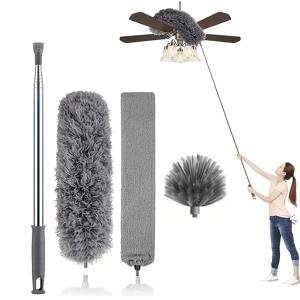 TEMU 마이크로파이버 깃털 먼지떨이 세트 4개 - 접이식 및 유연한 긴 봉, 천장 선풍기, 높은 천장, 블라인드, 가구, 자동차 청소용 세탁 가능한 경량 먼지떨이|실링팬|수세미