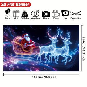 TEMU 2D 플랫, 1개 자체 발광 야광 스타일 2D 플랫 크리스마스 배너 - 산타 썰매 & 순록 네온 빛, 눈송이 & 반짝이는 별 - 실내/실외 폴리에스터 장식, 크리스마스 파티, 문, 벽, 창문 장식, 2D 플랫, 크리스마스 데코