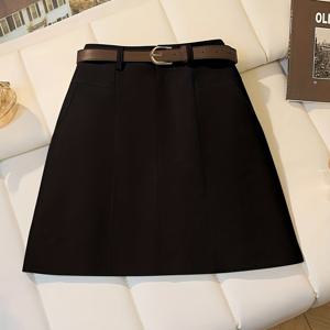 TEMU 여성용 블랙 우아한 A라인 캐주얼 커뮤터 스커트 (벨트 포함)