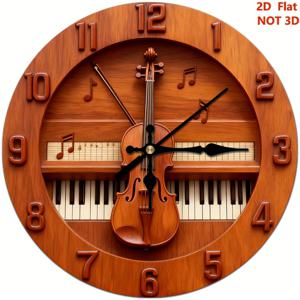 TEMU 1개 빈티지 악기 벽시계 - 12인치 원형 무소음 무딱 쿼츠 , 피아노 & 바이올린 디자인, 브라운 우드 그레인, 배터리 작동 (aa 배터리 미포함), 거실, 침실, 식당용 - 할로윈 & 크리스마스 장식, 원형 벽시계, 거실 벽시계, 침실 벽, 무딱 벽시계, 빈티지 벽시계, 무소음 벽시계, 브라운 우드 벽시계|벽시계|벽시계