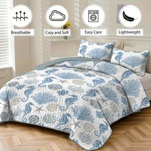 TEMU 3피스 코스탈 참 침구 세트 - 부드러운 폴리에스테르 해마 & 디자인 이불 커버 및 베개 커버, 가벼운, 사계절용 편안함, 세탁기 사용 가능 - 해변 테마 침실 장식, 침대 액세서리에 완벽함