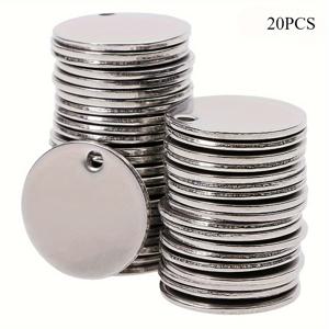 TEMU 20개 세트 201 스테인리스 스틸 라운드 펜던트 - 23/25/30/40/50mm 원형 빈 메탈 펜던트, DIY 각인 및 숫자 제작용, 내구성 있는 201 스테인리스 스틸 주얼리 소재, 다목적 펜던트 디자인, 광택 마감