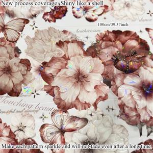 TEMU 반짝이는 꽃과 나비 와시 테이프 - PET 공예 스티커, 무광 쉘 라이트 마감, 6cm x 100cm, 생생한 빨간 꽃 & 나비 장식용 스크랩북킹 및 저널링, 창의적인 프로젝트