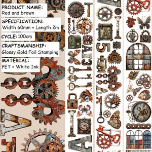 TEMU 2m/롤 광택 골드 포일 스탬핑 빈티지 기어 와시 테이프 녹슨 열쇠 장식 마스킹 테이프 스티커 스크랩북 저널 에스테틱 문구용 100cm 루프