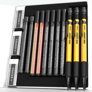 TEMU FourCandies 3pcs 1.3mm 기계적 연필 세트, 케이스 포함, 금속 헤비 듀티 목공 연필(빨강, 검정, 노랑) 지우개, 지우개 충전, 날씨에 내성을 가진 바디 야외 목공 마킹|필통