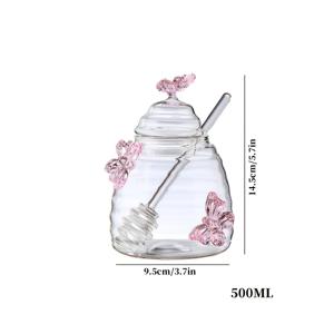 TEMU 1개 투명 고탄소 유리 내열 꿀통 (뚜껑 및 유리 믹서 스틱 포함), 대용량 보관 꿀통 (활짝 열린 둥근 입구에 리본 장식) - 가정용