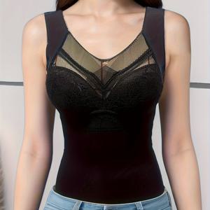 TEMU 1팩 여성용 편안한 소프트 탱크 탑, 탈착 불가능한 레이스 브라 컵, 통기성 및 쿨링 디자인, 스키니 핏, V넥, 민소매, 단색, 중간 신축성, 피부 친화적, 성숙한 스타일, 대비 레이스, 풀오버, 모든 계절, Celilin