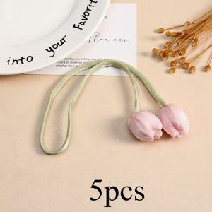 TEMU 5pcs 우아한 튤립 커튼 타이 - 클래식 가든 스타일 폴리에스테르, 핑크 꽃과 초록 잎이 있는 홈 데코 창 액세서리, 거실용 커튼