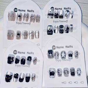 TEMU 40개입 록 블랙 핸드페인팅 키티 데일리 브라이트닝 캣아이 숏 프레스온 네일