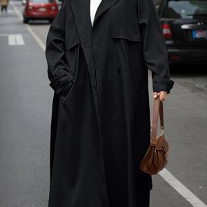 TEMU 플러스 사이즈 더블 브레스트 트렌치 코트 - 베이지, 긴 소매, 스트레치되지 않은 원단, 우아한 라펠 칼라, 조절 가능한 허리 벨트, 봄, 가을, 겨울에 이상적, 세련된 스트리트웨어 | 클래식 트렌치 코트 | 더블 브레스트 코트