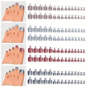 TEMU 120개입 박스, 여성용 고양이 눈 스타일의 튤립 퍼플 색상의 짧은 사각 토 네일 스티커