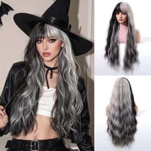 TEMU 30인치 블랙 & 그레이 블렌드, 웨이브 컬, 할로윈, 크리스마스, 코스프레 가능, 고온 펌 & 염색 가능, 장미 메쉬 헤어 커버 조절 가능