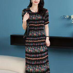 TEMU 베터 투모로우 여성 프렌치 스타일 반팔 미디 드레스 - 플로럴 프린트 스모크 드레스, 플리츠와 루즈핏 쇼트, 봄/여름 브런치 웨딩 파티 의상 (언더피닝 없음)