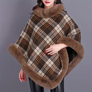TEMU 여성용 풀오버 숄, 두꺼운 인조 토끼 모조, 가을/겨울용 루즈핏 격자 코트