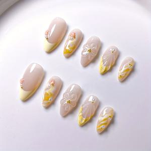TEMU 수제 아몬드 모양 오렌지-옐로우 프렌치 그라데이션 3D 꽃 껍질 패턴 진주 벚꽃 고급스러운 프레쉬 스타일 인조 네일 10개입