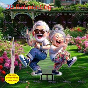 TEMU 2D 평면, 2D 평면 프린팅 즐거운 노인 커플 점프 - 휴식 정원 장식 스태크, 플라스틱 재질, 집, 잔디, 정원, 꽃밭, 파티오 장식 예술, 가족과 친구에게 휴일에 이상적인 선물, 2D 평면