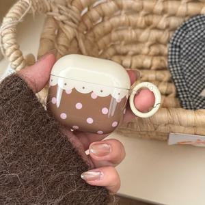 TEMU 케잌 파우더 브라운 물방울 무늬 + 원형 링 케이스, Apple Airpods Pro 3/2/4/3/2 호환, 패셔너블 여성용 이어버드 쉘, 디자인, 스크래치 방지, 내구성 좋은 플라스틱
