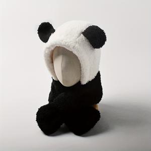 TEMU 여성용 겨울 판다 모자 - 탈부착 스카프 포함, 플리스 안감 따뜻한 블랙 & 화이트 동물 디자인, 비탄력 소프트 방한모, 패션 & 보온, 윈터 헤드웨어, 플레이풀 시크, 건설