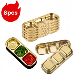 TEMU 8pcs 황금 스테인레스 스틸 접시 담그기 그릇, 직사각형 구획 분할, 조미료 무스탕 페퍼, 스낵, 차가운 음식 및 디저트 조미료 홈 파티 레스토랑 피크닉 여행용 금속 조미료 접시 담그기 그릇