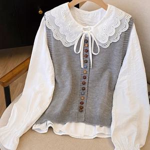 TEMU 귀여운 인형 칼라, 러플 넥라인 조끼, 긴소매 셔츠, 쉬폰 탑, 그리고 신상 여성 의류 스웨터가 특징인 가을 여성 투피스 세트