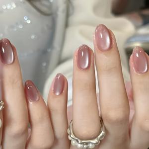 TEMU 24pcs 캣아이 효과 숏 페이크 네일 세트, 오벌 네일 스티커, 접착 탭 1장 및 미니 네일 파일 포함, 데일리 웨어에 적합