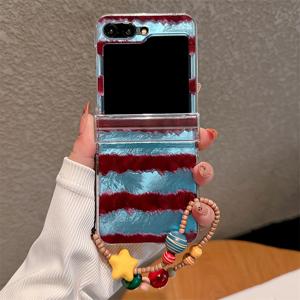 TEMU 폰 케이스: 가을 겨울 체크 스플링 폴딩 폰 케이스 + 귀여운 3D 별 나무결 구슬 팔찌, 갤럭시 Z Flip7 FLIP6 Z Flip 5 4 3용 럭셔리 틴 포일 글레이셔 패턴 방탄 보호 백커버