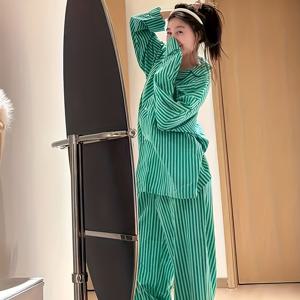 TEMU 2025 스타일 그린 여성용 파자마 (봄, 가을, 겨울용), 긴소매 및 바지, 우아한 투피스 라운지웨어|잠옷|냉장고바지|빈티지