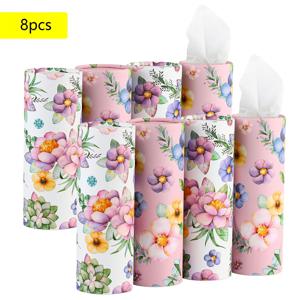 TEMU 8개 세트 사이클린더형 자동차용 & 가정용 티슈박스, 총 8캔 400매 수납, 사무실/레스토랑/거실/욕실을 위한 원형 컨테이너 (플로럴 패턴), 사무용품, 식당필수품, 스타일리시 오거나이저, 라운드 디자인, 재사용 가능한 container, 종이 소재, 티슈 디스펜서, Multipa Tissues, 직장인 및 가정용