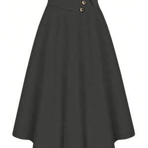TEMU 방향성 봄/가을 캐주얼 다용도 여성용 A라인 하이웨이스트 플레어 스커트, 단색 블랙, 버튼 장식 및 탄성 허리 밴드.