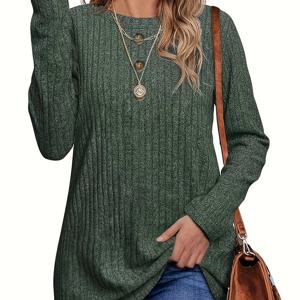 TEMU 플러스 사이즈 - 라운드넥, 브러시드 골지 솔리드 컬러 긴팔 티셔츠가 특징인 새로운 가을 여성 의류.