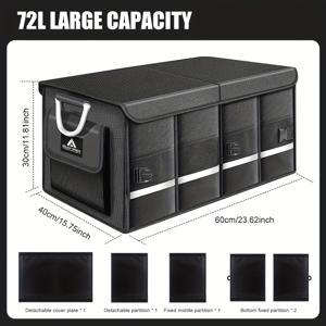 TEMU 72리터 대용량 트렁크 수납함 (칸막이 포함), 1680D 옥스포드 천 재질, 미끄럼 방지 바닥