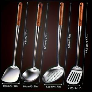 TEMU 4개 스테인리스 스틸 주방용품 세트 | 나무 손잡이의 논스틱 조리 기구, 스푼, 스크레이퍼, 쿠킹 스푼, 스트레이너 포함 - 주방 소형 도구 및 액세서리