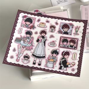 TEMU 1개 한국 스타일 애니메이션 메이드 & 커피숍 스티커 - 귀여운 일본 만화 캐릭터, 표현력이 풍부한 눈, 파스텔 색상 (핑크, 보라, 갈색)