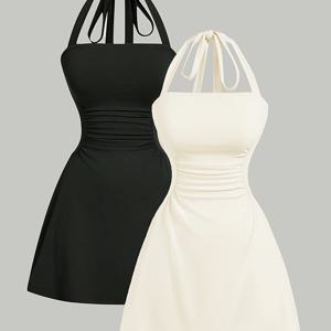 TEMU 할터 넥 타이 원피스 2벌 세트, 신상 여름 스몰 원피스, 우아한 여성 의류, Eid Al-Fitr 우아한 원피스, 허리 주름 A라인 스커트, 짧은 섹시 백리스 파티 원피스, 출퇴근용 우아한 콘서트 스몰 원피스, 신상 여름 원피스, 짧은 스커트