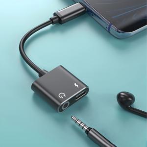 TEMU 타입-C to 블랙 2-in-1 오디오 어댑터, 충전 컨버터 - 타입-C to 3.5mm 헤드폰 어댑터 / 듀얼 오디오 컨버터: 충전과 음악 동시에 사용 가능 - 블랙, 스타일리시하고 내구성 있는