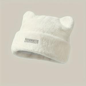 TEMU 여성용 겨울 따뜻한 고양이 귀 비니 모자, 플러시 귀 & 귀여운 고양이 얼굴 디자인 - 부드럽고 신축성 있는 모자, 세탁기 사용 가능, 파스텔 핑크 &