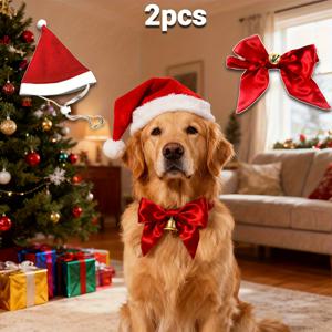 TEMU 고양이와 강아지를 위한 완벽한 크리스마스 펫 의상 세트 - 매칭 산타모자 & 빨간 나비넥타이 코스튬, 대부분의 강아지와 고양이에 적합, 휴일 사진 소품, 크리스마스 파티 의상, 반려동물 애호가를 위한 선물 (코스튬 세트)