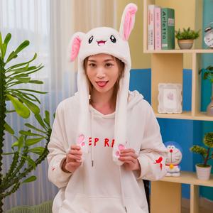 TEMU 재미있는 플러시 토끼 움직이는/점프하는 토끼 귀여운 남녀공용 동물 귀 플랩 모자, 플러시 코스프레용, 화이트, 1개