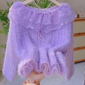 TEMU 2025 신상 여성용 루즈핏 페어리 스타일 패치워크 헤어니들 스웨터, 라운드넥, 스타일리시 러플 트림, 반짝이는 긴 소매, 다용도 봄 상의, 여성 아름다운 의류, 데일리웨어로 젊어 보이는 아이템