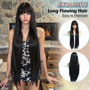 TEMU 34인치 블랙 롱 가발; 매트 히트파이버 여성용 가발, 조절 벨트 포함; 할로윈; 도파민; 크리스마스; 축제 분위기; 신학기 개학; 초보자 필수템; 로즈 네트 모자; 착용감 편안함; 고품질; 독특한 가발