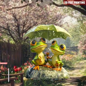 TEMU 2D 플랫 - 정원용 막대에 우산을 든 플라스틱 개구리 한 쌍이 특징인 2D 플랫 디자인 - 내후성 야외 장식, 생생한 녹색 개구리 디자인, 그리고 앞마당을 위한 튼튼한 접지 막대.