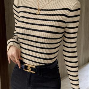 TEMU 여성용 우아한 목폴라 스웨터 - 검정 & 흰색 가로 줄무늬, 긴 소매 레귤러 핏 풀오버, 우산 밑단 디자인, 사계절 캐주얼부터 포멀까지의 여성용 탑스, 다재다능한 패션, 중간 탄력