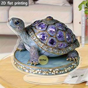TEMU 2D 플랫, 2D 프린트 아크릴 거북이 장식품 - 보석으로 장식된 고급스러운 조각, 침실 테이블을 위한 클래식한 동물 테마 장식, 축제 선물, 배터리 불필요, 거북이 장식, 침실 장식, 섬세한 디테일