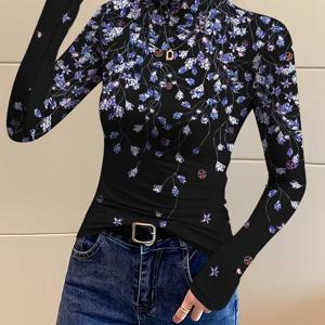 TEMU 여성용 우아한 긴팔 터틀넥 탑, 플로럴 프린트 전체, 우아한 일러스트, 부드럽고 신축성 있는 원단, 캐주얼하고 편안함, 모든 계절에 적합.