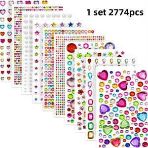 TEMU 1세트 2774개 자체 접착 합성 보석 라인스톤 스티커 - 다양한 모양(하트, 별, 꽃, 왕관) & 색상(혼합/흰색/보라/빨간색/파란색/노란색) - DIY 공예, 스크랩북, 의류 및 액세서리용 아크릴 반짝이 데칼