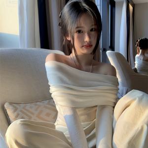 TEMU 여성용 우아한 오프숄더 겨울 스웨터 - 슬림핏 탑, 노출 숄더 넥라인, 롱슬리브 블라우스, 파티 웨딩 데일리웨어 / 코리안 스타일 컬렉션 (솔리드 컬러)