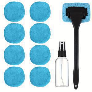 TEMU 10개입 강력 차량 창문 청소 키트 (확장 가능한 손잡이 & 재사용 가능한 극세사 패드 8개 포함) - 라이트 블루 실내 유리 와이퍼 세트, 먼지 제거 브러시, 배터리 없음, 차량 청소 브러시, 창문 클리너, 차량 용품