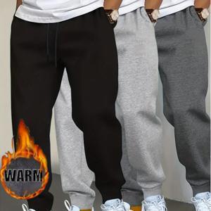 TEMU 3pcs 남성용 플로킹 내부 보온 겨울 바지 - 헤비듀티 추위 방지 트라우저, 커프 발목 & 포켓, 세탁기 사용 가능, 스키, 스노보드 및 야외 활동용 레귤러 핏 (캐주얼 보온 세트)
