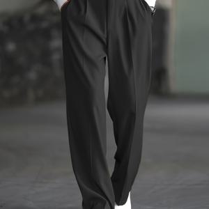 TEMU 남성 트렌디 루즈핏 와이드 레그 바지 / 남성 릴렉스 캐주얼 슬랙스 / 남성 허리 반고무 숨김 버튼 드레스 팬츠