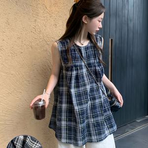 TEMU DJ0508013 여성용 프렌치 스타일 유니크 체크 벡 드레스, 신상 여름 컬렉션, 편안한 루즈핏 민소매 탑.